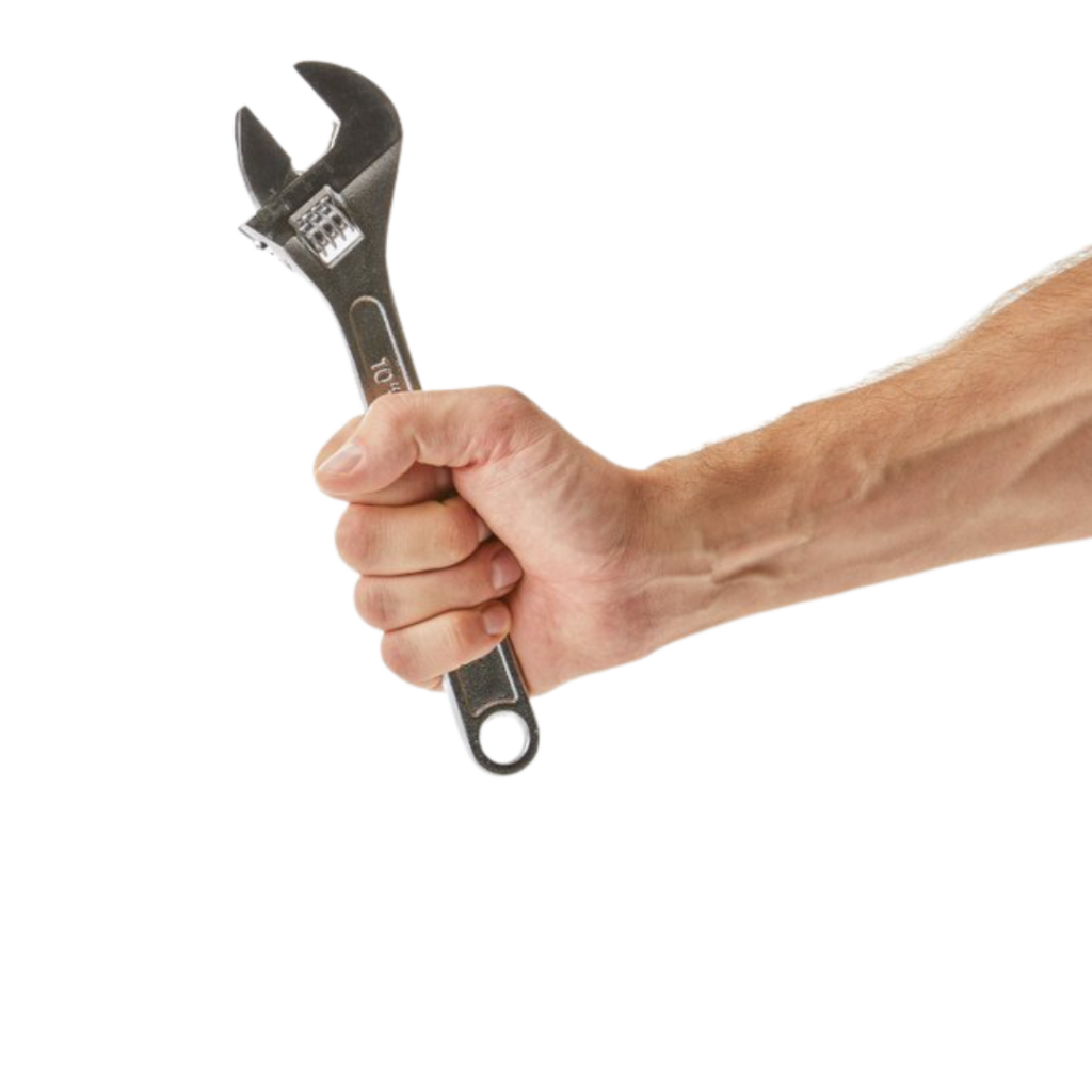 Hand holding a crescent wrench.